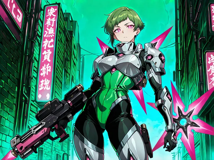 (masterpiece, best quality, absurdres:1.2), 1girl, solo, A young ninja stands ready with a cyber-shuriken launcher, her green pixie-cut hairstyle glowing faintly. Her armor is segmented with chrome accents. Behind her, a dark street filled with flickering ...
