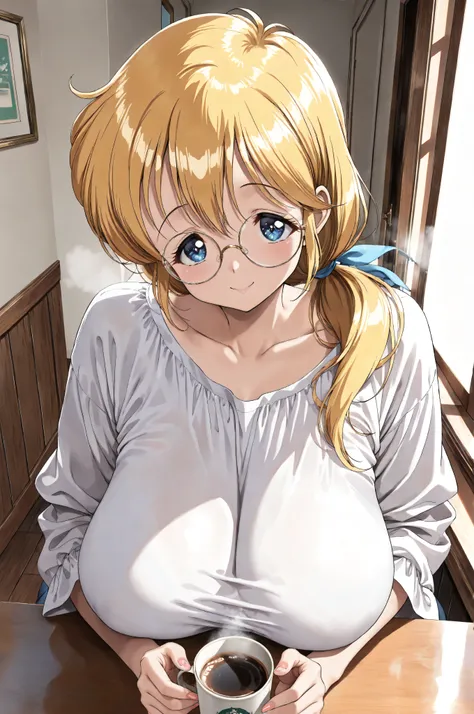 (masterpiece, best quality:1.4), beautiful shadows, Sensei Luna, runa, (beautiful detailed blue eyes:1.2), yellow hair, long hair tied in a low ponytail, very round metal frame glasses, smile, very large sagging breasts, beige, soft flowing shirt, three-qu...