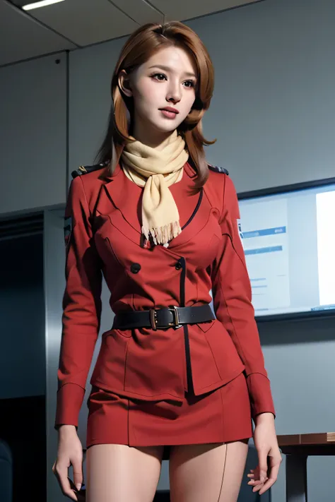 real，Picture，Smile Yan，Face Trimming Prohibited，Woman in military uniform、depict huge red breasts，long blonde，smile ヤン，!，.，   smile   ，Alone，（draw a red office lady costume）red suit，red miniskirt，，   accurately depict her arms and legs.    、Red flight atte...