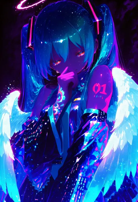 Hatsune Miku,(the tattoo is iridescent:1.5),(dark:2.0),masterpiece,Ultra-high resolution,Rich contrast,Very high quality,8k,Highly detailed CG unit wallpaper,Texture,So ridiculous,RAW Photos,Depth of written boundary 1.2,tears,White Wings Tattoo,0__11Xx_il...