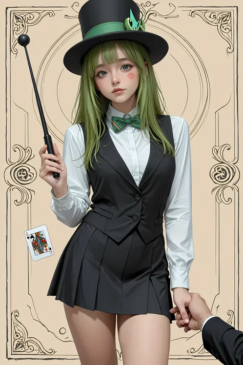 Vannamelon, magician, holding a black hat on the left hand, holding a magic wand on the right hand, black wand, vest, shirt, bow tie, miniskirt, black skirt, standing, cards flying around her