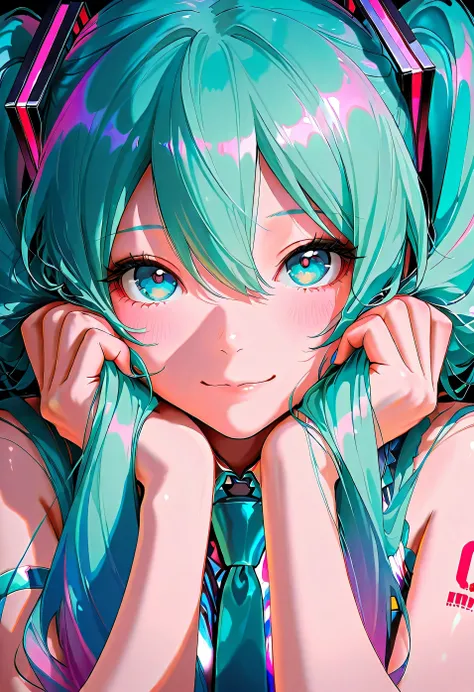 Hatsune Miku,(the tattoo is iridescent:1.5),(dark:2.0),masterpiece,Ultra-high resolution,Rich contrast,Very high quality,8k,Highly detailed CG unit wallpaper,Texture,So ridiculous,RAW Photos,Depth of written boundary 1.2,maorix,bunching hair,(close up),