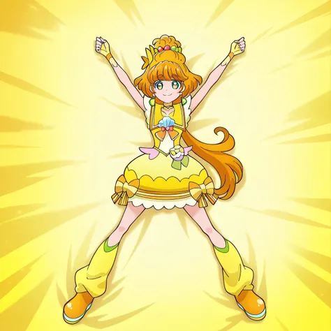 curepapaya, tropri, anime screencap, high quality, solo, lying, on back, from above, arms up, spread legs, closed mouth, on bed, looking at viewer, full body, smile, best quality