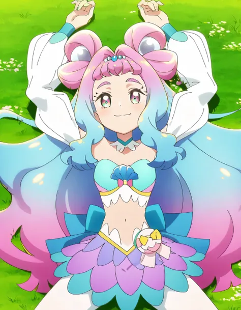 curelamer, lamercostume, anime screencap, high quality, solo, lying, on back, on grass, arms up, spread legs, overhead view, cowboy shot, closed mouth, looking at viewer, smile, best quality