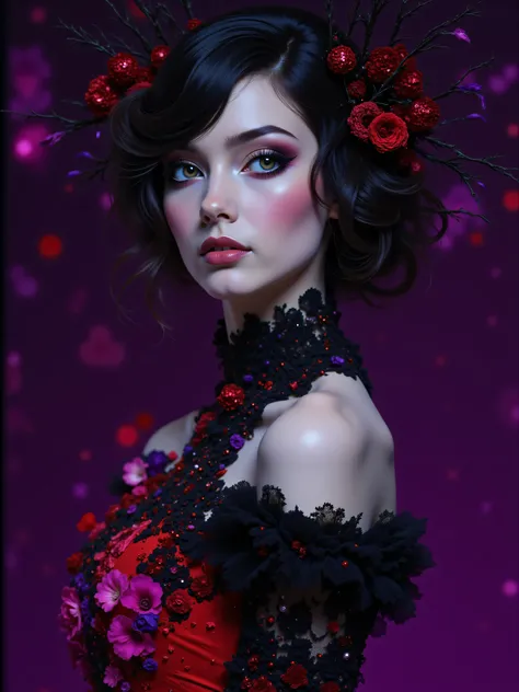  Dark fantasies, darkened image, colors popping out of her dress with deep reds and deep violets, woman becomes part of the image, showcase, and purple backgrounds bleed out a gorgeous woman in a dress, beautiful young woman with porcelain skin and almost ...