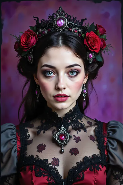 Dark fantasies, darkened image, colors popping out of a woman's Victorian-style dress, with deep reds and deep violets, the woman becomes part of the image, showcase, and purple backgrounds bleed out, a gorgeous woman in a dress she wears, looks at you wi...