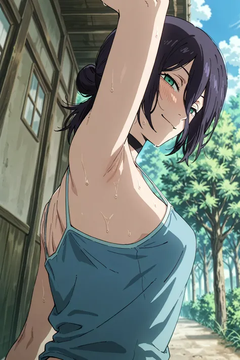 masterpiece, best quality, amazing quality, anime screencap, anime coloring, 1girl, solo, rezeanime, anime, chainsaw man, reze \(chainsaw man\), green eyes, medium hair, hair between eyes, single hair bun, black choker, blue camisole, spaghetti straps, ski...