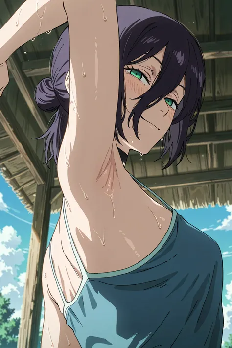 masterpiece, best quality, amazing quality, anime screencap, anime coloring, 1girl, solo, rezeanime, anime, chainsaw man, reze \(chainsaw man\), green eyes, medium hair, hair between eyes, single hair bun, black choker, blue camisole, spaghetti straps, ski...