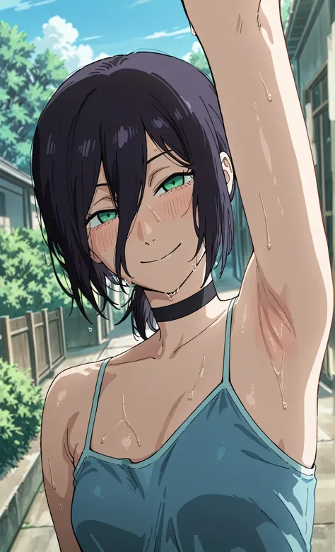 masterpiece, best quality, amazing quality, anime screencap, anime coloring, 1girl, solo, rezeanime, anime, chainsaw man, reze \(chainsaw man\), green eyes, medium hair, hair between eyes, single hair bun, black choker, blue camisole, spaghetti straps, ski...