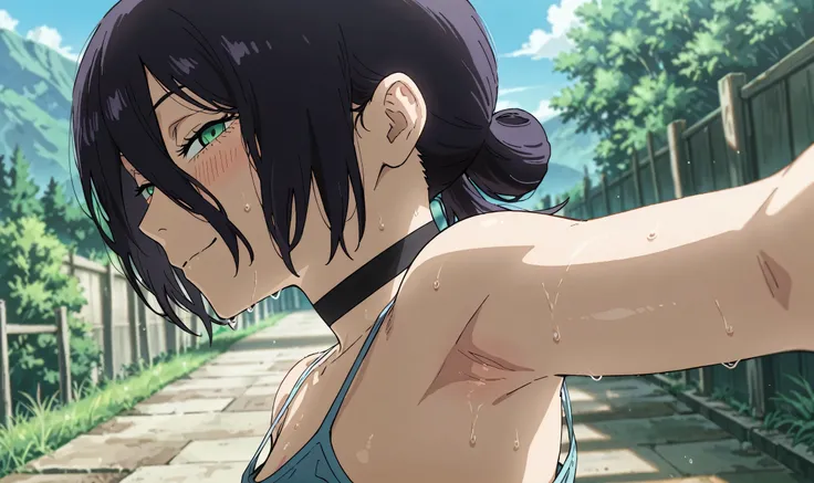 masterpiece, best quality, amazing quality, anime screencap, anime coloring, 1girl, solo, rezeanime, anime, chainsaw man, reze \(chainsaw man\), green eyes, medium hair, hair between eyes, single hair bun, black choker, blue camisole, spaghetti straps, ski...