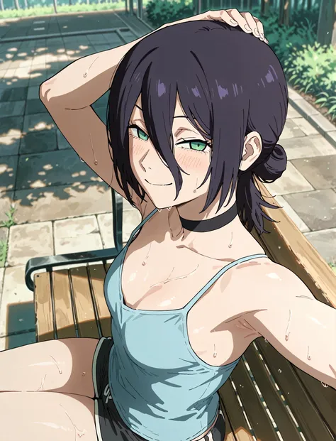 masterpiece, best quality, amazing quality, anime screencap, anime coloring, 1girl, solo, rezeanime, anime, chainsaw man, reze \(chainsaw man\), green eyes, medium hair, hair between eyes, single hair bun, black choker, blue camisole, spaghetti straps, ski...
