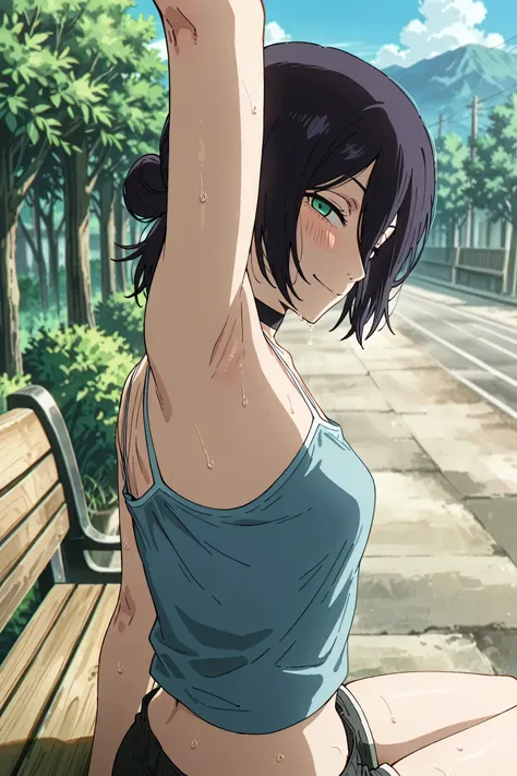 masterpiece, best quality, amazing quality, anime screencap, anime coloring, 1girl, solo, rezeanime, anime, chainsaw man, reze \(chainsaw man\), green eyes, medium hair, hair between eyes, single hair bun, black choker, blue camisole, spaghetti straps, ski...