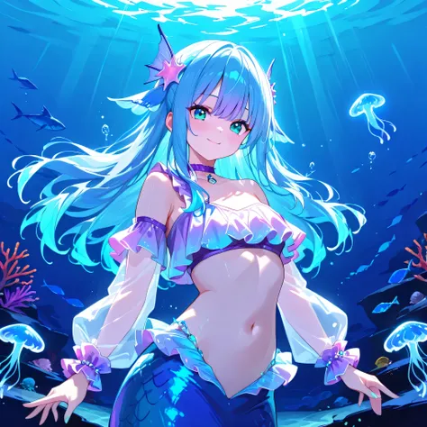 1 girl, solo, mermaid, blue hair, long hair, aqua eyes, shellfish hair accessory, purple choker, see-through sleeves, detachable sleeves, one-shoulder top, bare shoulders, bare belly, wrist aqua scrunchie cuffs, blue fin, underwater, submerged, swim, smile...