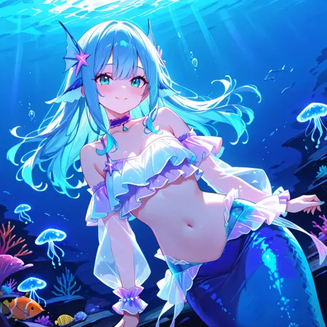 1 girl, solo, mermaid, blue hair, long hair, aqua eyes, shellfish hair accessory, purple choker, see-through sleeves, detachable sleeves, one-shoulder top, bare shoulders, bare belly, wrist aqua scrunchie cuffs, blue fin, underwater, submerged, swim, smile...