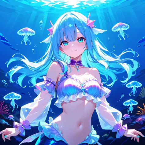 1 girl, solo, mermaid, blue hair, long hair, aqua eyes, shellfish hair accessory, purple choker, see-through sleeves, detachable sleeves, one-shoulder top, bare shoulders, bare belly, wrist aqua scrunchie cuffs, blue fin, underwater, submerged, swim, smile...