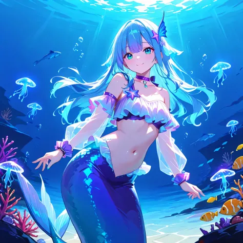 1 girl, solo, mermaid, blue hair, long hair, aqua eyes, shellfish hair accessory, purple choker, see-through sleeves, detachable sleeves, one-shoulder top, bare shoulders, bare belly, wrist aqua scrunchie cuffs, blue fin, underwater, submerged, swim, smile...