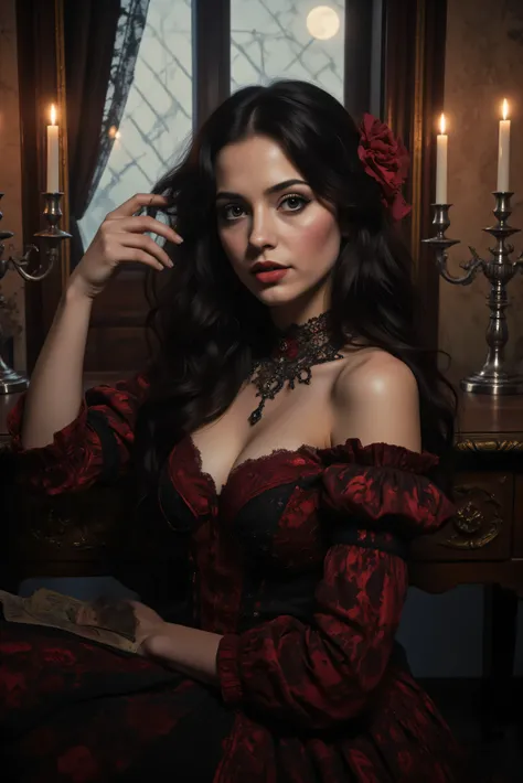 Ultra attractive gothic woman, hypersenual pose, moody atmosphere, gothic/victorian style dress, black and scarlet, ultra-realistic,photo-realistic,ultra-detailed, physically-based rendering, detailed portrait of a beautiful gothic woman with pale skin, da...