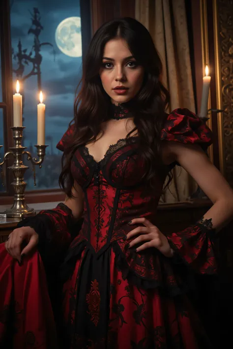 Ultra attractive gothic woman, hypersenual pose, moody atmosphere, gothic/victorian style dress, black and scarlet, ultra-realistic,photo-realistic,ultra-detailed, physically-based rendering, detailed portrait of a beautiful gothic woman with pale skin, da...