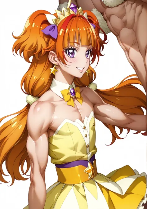 score 9 、score 8 up、score 7 up、source anime、傑作、Best quality、Best resolution、best image quality、anime coloring、anime screen shot、anime screencap、1boy、cure twinkle is a boy、(male:1.6)、official anime style、boy is wearing a yellow strapless dress、orange brown ...