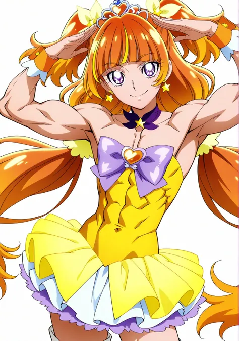 score 9 、score 8 up、score 7 up、source anime、傑作、Best quality、Best resolution、best image quality、anime coloring、anime screen shot、anime screencap、1boy、cure twinkle is a boy、(male:1.6)、official anime style、boy is wearing a yellow strapless dress、orange brown ...