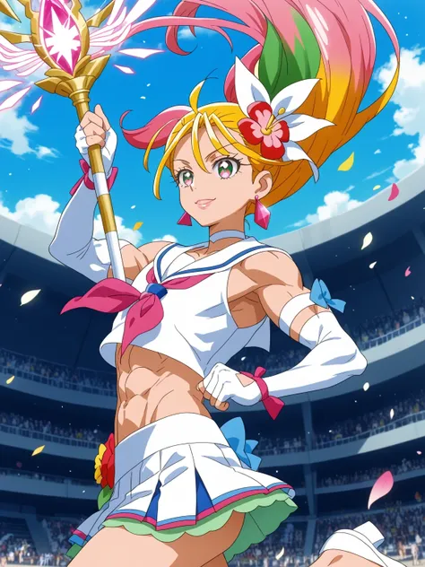 score 9 , score 8 up, score 7 up, source anime, masterpiece, Best quality, Best resolution, best image quality, anime coloring, anime screenshot, anime screencap, 1boy, cure summer is a boy warrior, long haired anime boy, 美しい天の魔道士, flower, jewelry, hair or...