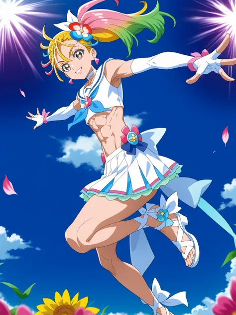 score 9 , score 8 up, score 7 up, source anime, masterpiece, Best quality, Best resolution, best image quality, anime coloring, anime screenshot, anime screencap, 1boy, cure summer is a boy warrior, long haired anime boy, 美しい天の魔道士, flower, jewelry, hair or...