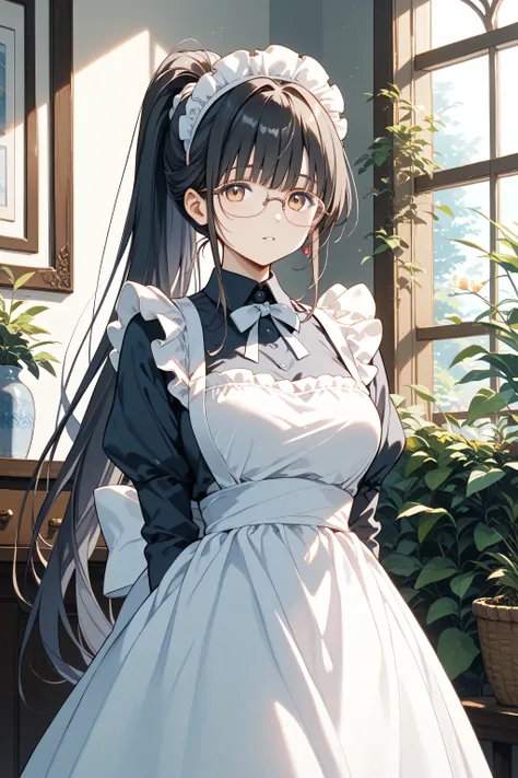 married woman、mature、Glasses、dark haired、ponytail、maid clothes、Maid Katyusha、masterpiece, Highest Quality, Amazing Quality,