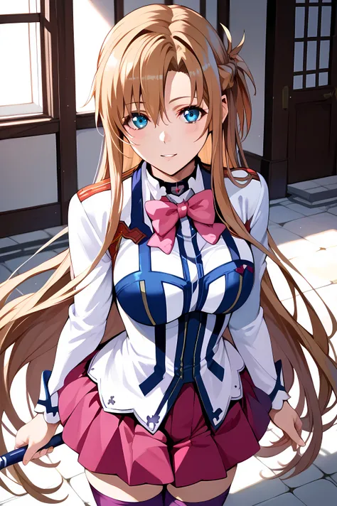 asuna (SAO - AIO),1 girl,brown hair, blue eyes. long hair, half up French braid, beautiful faces, perfect hands, BIG BREASTS, Rose Hair Ornaments, EVOL_Mikono uniform, pink bow tie, long sleeves, Shirt skirt, purple thigh, thigh length, walk, Akiba Stre...