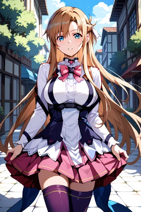 asuna (SAO - AIO),1 girl,brown hair, blue eyes. long hair, half up French braid, beautiful faces, perfect hands, BIG BREASTS, Rose Hair Ornaments, EVOL_Mikono uniform, pink bow tie, long sleeves, Shirt skirt, purple thigh, thigh length, walk, Akiba Stre...