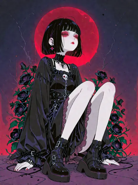 ((lFULL BODY)) Face portrait of a pale skin girl , black hair cut bob, thin lips with red lipstick, He has no eyes or nose, Only her lips, clothing goth , bottom: Black roses, red and purple.