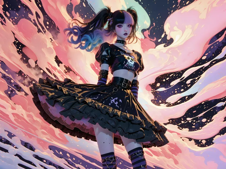 babe,miaomiao_liulifa,,Goth_EGirl,3d,Colorful smoke coming from a slim woman's chest