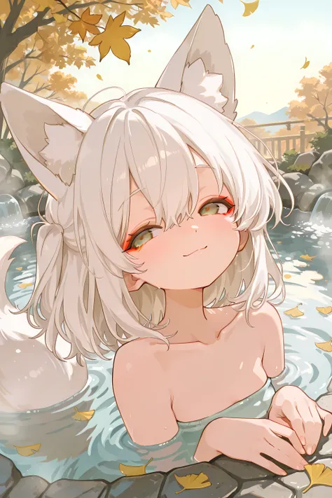 masterpiece.face up shot.Oblique pose, three-quarter face angle, right-side composition, facing to one side,Gaze at the viewer.
Autumn mountains,sunny sky.deep fog. Falling leaves. Hot springs.
Solo,girl,white hair,Fox ears,slanted eyes,red eyeliner.shy sm...