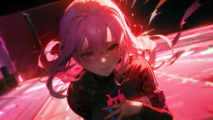 A close-up of a yandere-style anime girl with long pink hair, smiling faintly while tears stream down her cheeks. Her eyes are glossy with heart-shaped highlights, showing both love and madness. One hand clutches her chest tightly, the other slightly reach...