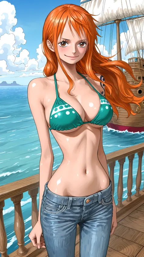 (masterpiece,best quality:1.2,amazing quality,very aesthetic, absurdres, newest), (full coloring), official style,(nami ,one piece),1girl,solo,(skinny:1.2), medium breasts,long hair,shy smile,green bikini,denim pants, low-rise pants ,standing,deck of Pirat...