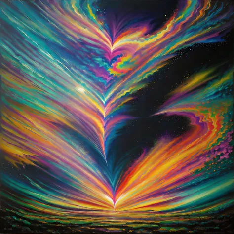 A surreal scene unfolds with an oil painting in an explosive burst of vibrant color in the form of a heart at the center of the artwork. The heart appears as a color fantasy and a dynamic fusion of swirling hues, including neon pinks, blues, and purples, c...