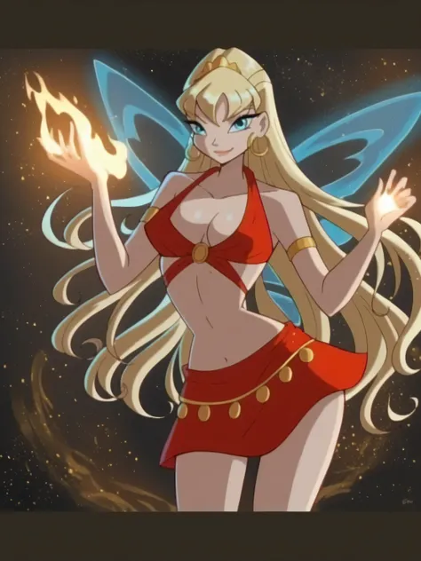 1girl, solo, breasts, golden_blond_hair, large_breasts, smile, looking_at_viewer, long_hair, midriff, navel, black_background, blue_eyes, red_halter_top_tide_at_the_front, red_miniskirt, arm_bands, hair_band, golden_waist_chain, fire_magic, glowing_fairy_w...