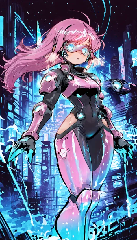 high quality, masterpiece, best quality, anime girl, pink hair, blue eyes, fair skin, futuristic sci-fi armor, glowing tech elements, cyberpunk setting, dynamic pose