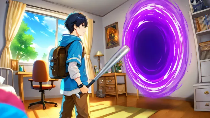 A boy in his bedroom holding a metal baseball bat in his hand about to enter a dungeon purple portal.