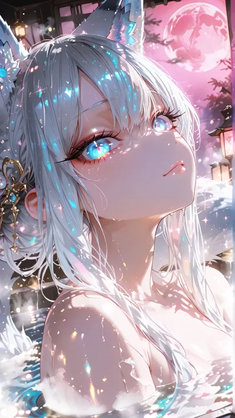 (Close-up of upper body,, inside ears a pale pink, beautiful face, long hair, fluffy soft fine hair, large pale blue eyes, double eyelids, thin eyebrows, long eyelashes, small mouth, sparkling lips, silver hair, fox ears, nine-tailed fox tail, hair swaying...