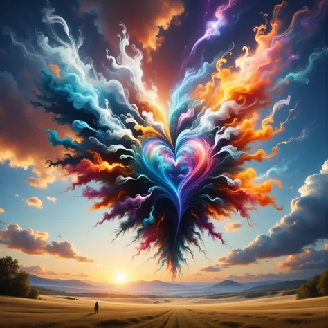 A surreal scene unfolds with an explosive burst of color in the form of a heart at the center of the artwork. The heart appears as a dynamic fusion of swirling hues, including neon pinks, blues, and purples, creating a mesmerizing focal point. Around the h...