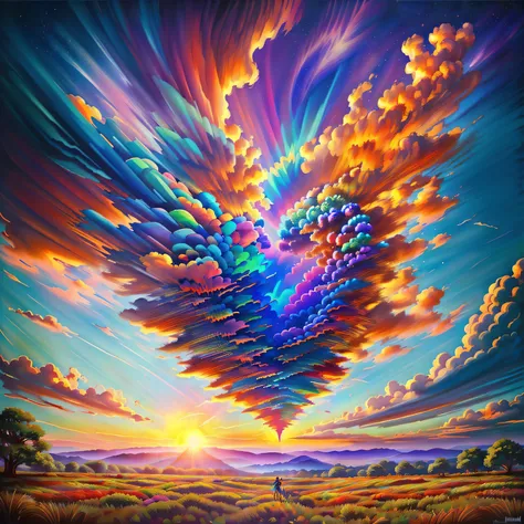 A surreal scene unfolds with an explosive burst of color in the form of a heart at the center of the artwork. The heart appears as a dynamic fusion of swirling hues, including neon pinks, blues, and purples, creating a mesmerizing focal point. Around the h...