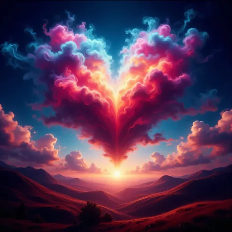 A surreal scene unfolds with an explosive burst of color in the form of a heart at the center of the artwork. The heart appears as a dynamic fusion of swirling hues, including neon pinks, blues, and purples, creating a mesmerizing focal point. Around the h...