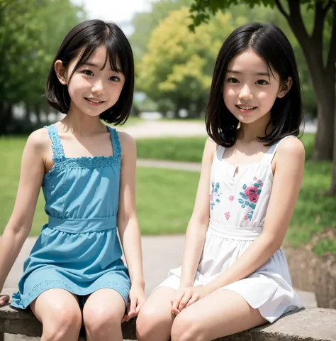 8 years old,2 cute girls,((Highest Quality)),park where the nipples are almost visible,((Photo Quality)),(Slim:1.5),(detail),Tiny Chest,narrow shoulder width,perfect face,Tank Dress ,ruffle dress,(skinny:1.3),(smile:0.5)