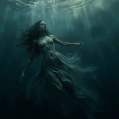 a beautiful woman dying underwater, realistic image,