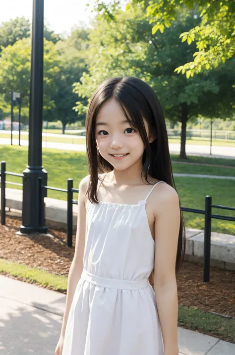 公園で笑っているyoungerかわいい女の子, Narrow Shoulder, cute face, white skin, younger, flat chest,(braids:0.5),(Twin Tails:0.5),(ponytail:0.5)