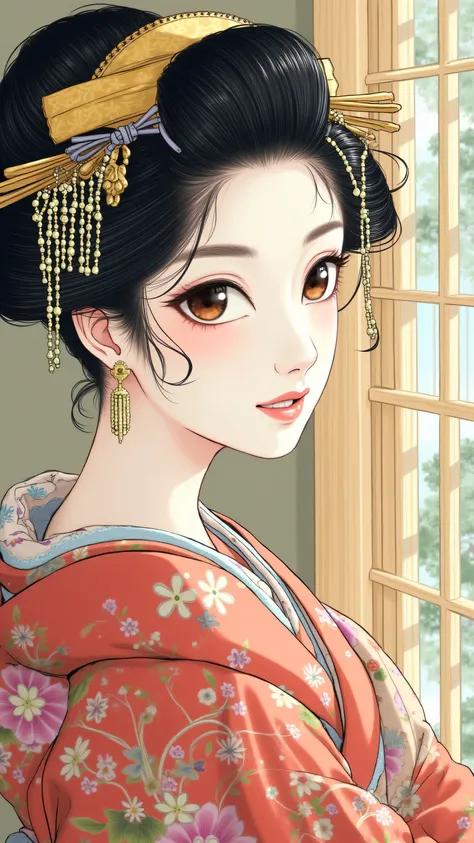  highdefinition images、Katsushika Hokusai manga(pretty eyes、Look at every detail、multi-colored hair below the arm)、 kimono that looks like a yukata 、Woman looking out of a window、葛飾北斎スタイルでhighdefinition images、Kimono beauty、顔のdetails、highest quality ukiyo-...