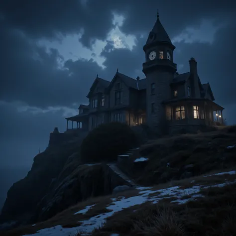 prompt ultra-realistic, photo-realistic, cinematic photography, cinematic lighting, dramatic shadows, intricate details and textures, physically-based rendering, 3D realism
A solitary Victorian mansion perched on a windswept cliff, moonlight illuminating ...
