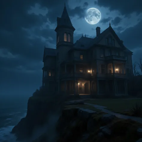 prompt ultra-realistic, photo-realistic, cinematic photography, cinematic lighting, dramatic shadows, intricate details and textures, physically-based rendering, 3D realism
A solitary Victorian mansion perched on a windswept cliff, moonlight illuminating ...