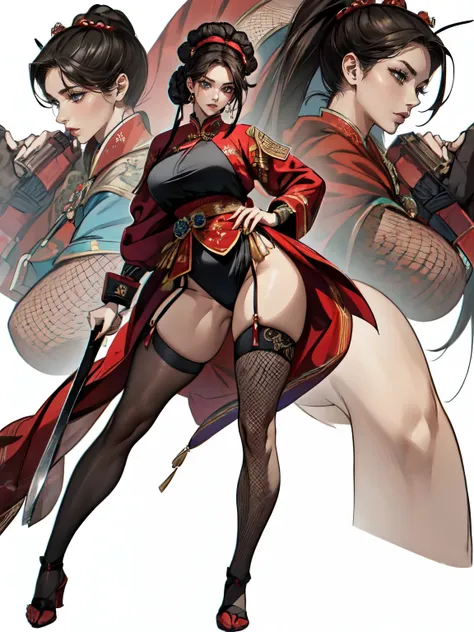 attractive woman, a woman from the Three Kingdoms period, dark hair, Big breasts, An exposed woman, Solo, creates an image from the top of her head to her thighs, (woman holding a weapon), Three Kingdoms costume , ((no background)), fishnet stockings, ((bl...
