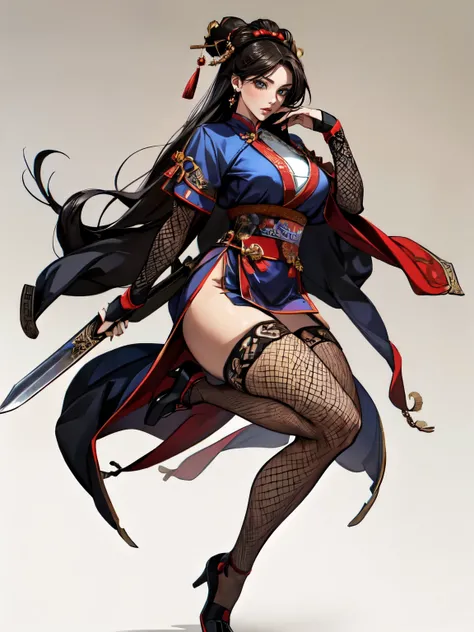 attractive woman, a woman from the Three Kingdoms period, dark hair, Big breasts, An exposed woman, Solo, creates an image from the top of her head to her thighs, (woman holding a weapon), Three Kingdoms costume , ((no background)), fishnet stockings, ((bl...